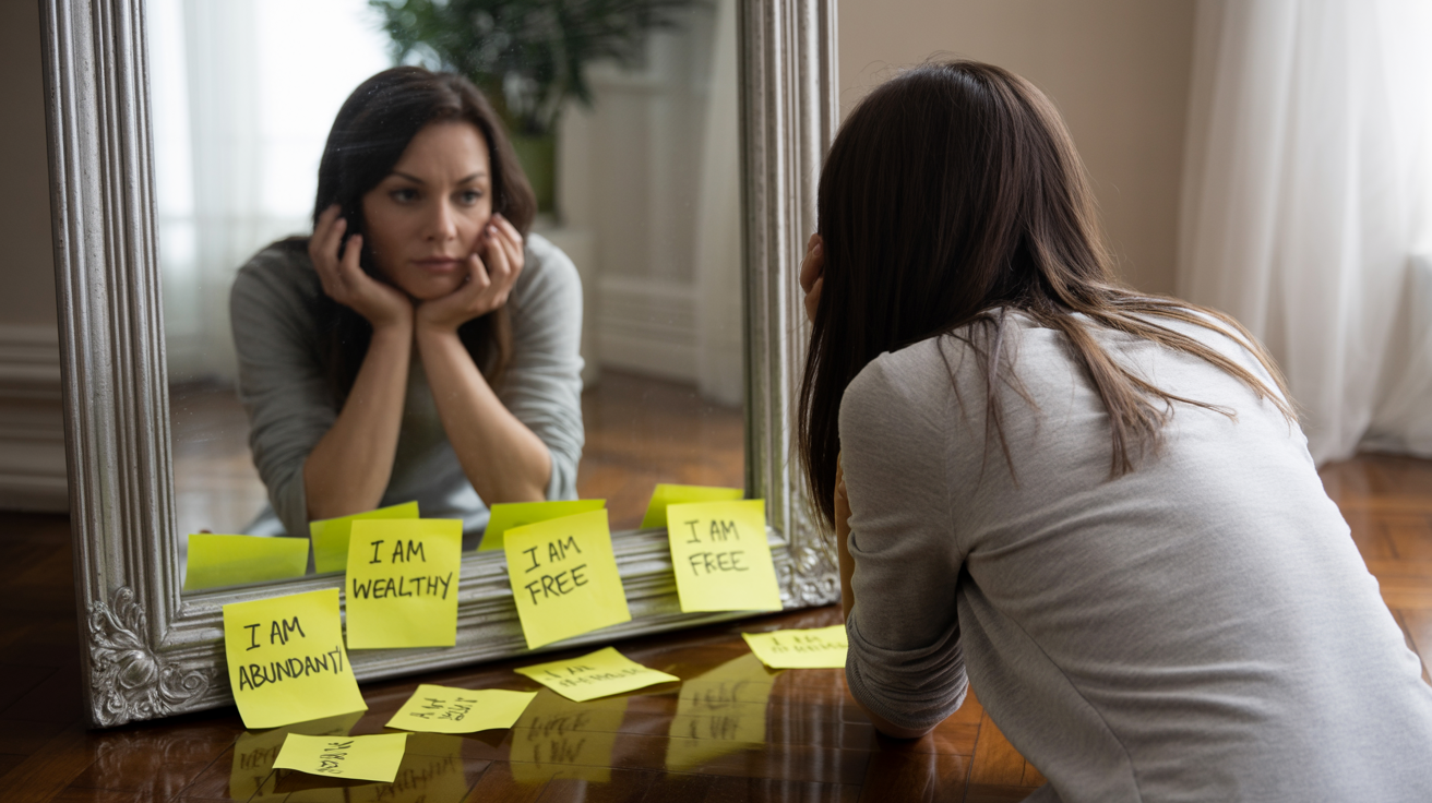 Person looking skeptical in mirror while attempting affirmations